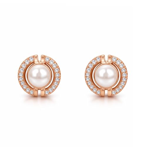 Image of Nilu's Collection Rose Gold Plated Triangular Design Pearl Stud Earrings With American Diamond for Women And Girls | Gift For Her | Anti- Allergy |Anti-Tarnish | Office Wear