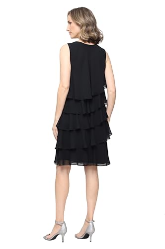Image of S.L. Fashions Women's Chiffon Tiered Jacket Dress with Beaded Neckline Mother of the Bride, Cocktail, Or Wedding Guest Dress