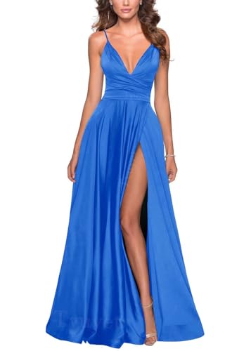 Image of Tvuyet Satin Bridesmaid Dresses with Slit Pleated A Line Spaghetti Straps Formal Prom Evening Gowns