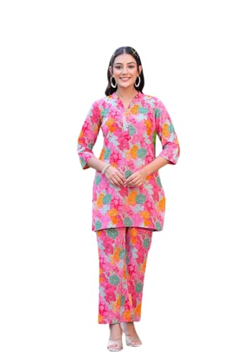 Image of Leriya Fashion Co Ord Set for Women Stylish | Ethnic Short Kurti for Women | Stylish Summer Printed Cotton Kurta Sets for Woman | A-Line Dress for Woman | 3 /4 Sleeve Top with Relaxed Fit Pant