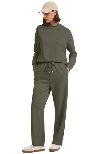 Image of WIHOLL Two Piece Sets for Women Fall Outfits Lounge Sets Mock Neck Tops Wide Leg Pants Vacation Travel Airport Outfits
