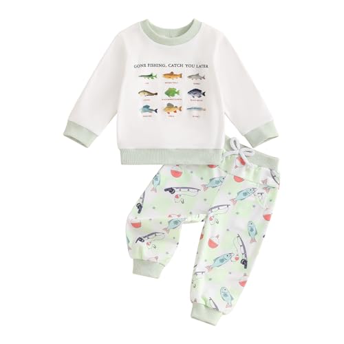 Image of Gueuusu Toddler Baby Boy Girl Fishing Outfits Gone Fishing Catch You Later Neutral Funny Sweatshirt Fish Print Pants 2Pcs Set (Green, 6-12 Months)