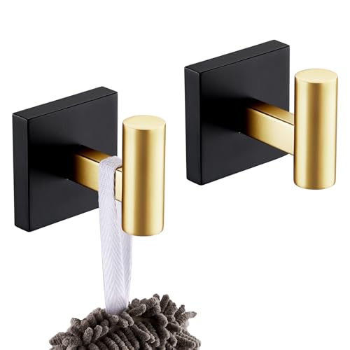 Image of KOKOSIRI Robe Hooks for Bathrooms Towel Hook Wall Mounted Coat Hooks, Bathroom Hardware 2 Pack Black with Gold Stainless Steel B1013GDK-P2
