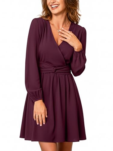 CUPSHE Damen Minikleid Elegant V-Ausschnitt A-Linie Cocktailkleid Partykleid Wickelkleid Hochzeit Freizeitkleid Fließendes Kleid Dunkles Pflaumenlila...