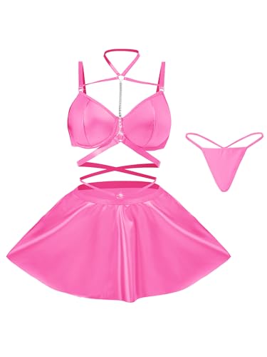 EVELIFE Damen Sexy Lederkleid Set, Neckholder Metallkette Push Up BH, Wetlook Dessous Unterwäsche Curvy Elegant Kunstleder Party Rave Club Outfit...