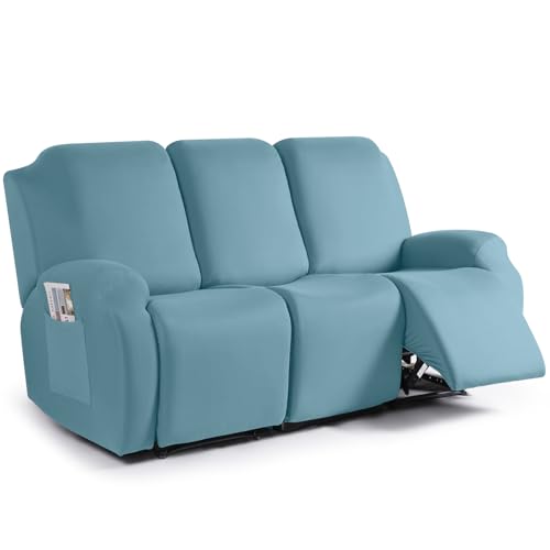 Image of TAOCOCO Recliner Sofa Slipcover, 3 Pieces Polyester Fabric Stretch Sofa Covers for 3 Seat Reclining Couch, Soft Washable Furniture Protector with Pockets (3 Seat, Aqua Blue)