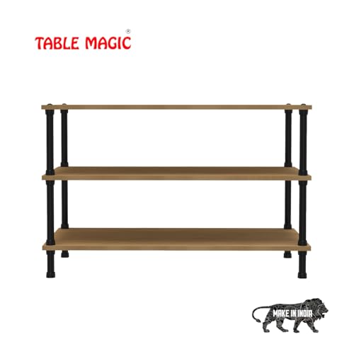Image of TABLE MAGIC Jazz Shoe Rack Wooden Organizer | 3-Tier Multipurpose Shoes Stand for Home Wooden Shelves with & Steel Frame, Space-Saving Home Organizer, D30 x W60 x H46cm - Golden Teak