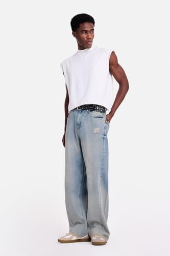 Image of SNITCH Men Streetwear Jeans | Baggy Fit Wide Leg Heavy Distressed Design & Raw Frayed Hem | 100% Breathable Cotton Denim Fabric for Casual Outings & Urban Lifestyle