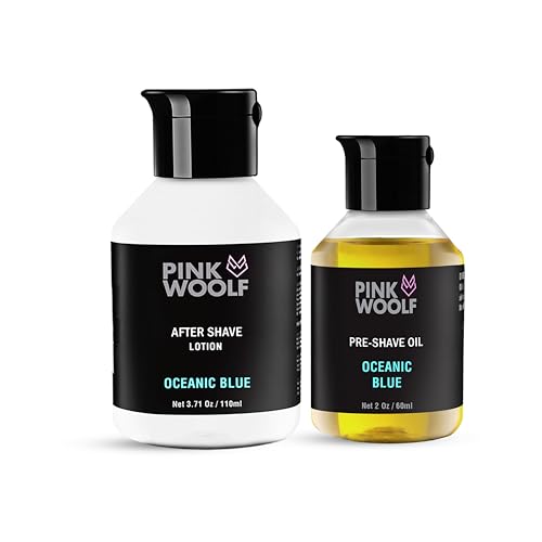 Image of Pink Woolf Shaving System for Men | Pre Shave Oil + After Shave Lotion | Smooth Shave & Post Shave Skin Comfort | Works with Safety & Cartridge Razors | OCEANIC BLUE AQUATIC SCENT