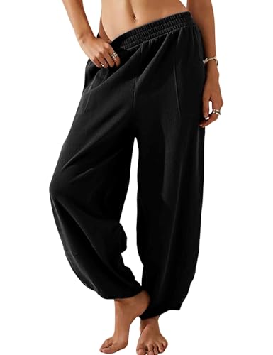 Image of Himosyber Women Cotton Pants Wide Leg Pants Casual Loose Baggy Elastic Waist Beach Palazzo Harem Pants