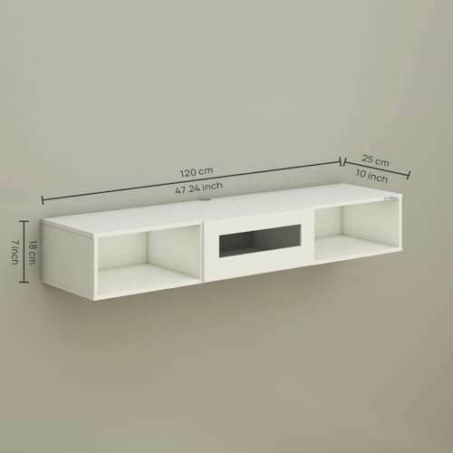 Image of Anikaa Novus Wall Mount Modern Floating TV Unit for Living Room with Open Shelf Storage Cabinet & Middle Cabinet Blue LED Light (Ideal for 32 to 55 inch TV, DIY Installation, White Finish)
