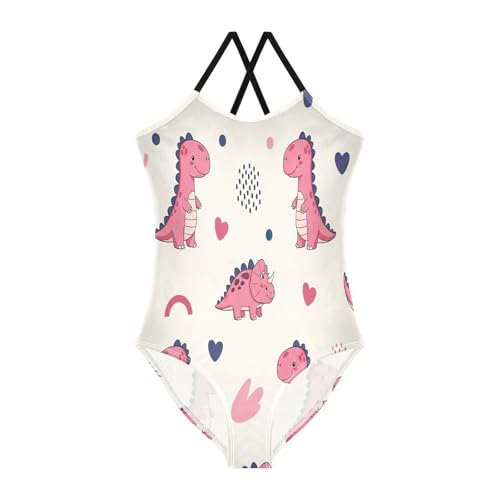 Girls Swimming Suits Beach Swimsuit Girls 3-10 Y with Adjustable Shoulder Strap, Cute Pink Cartoon Dinosaurs