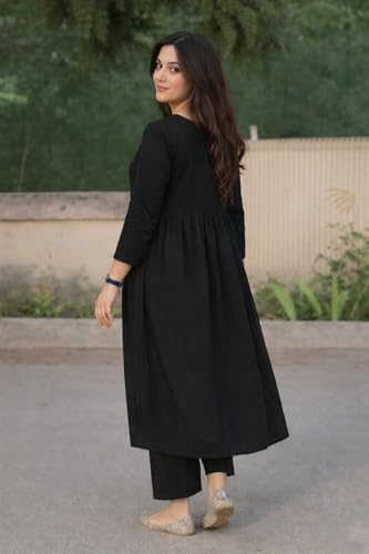 Image of Anarkali Kurta Pant Set for Women Long Flared V-Neck Kurta | Office & Casual Wear | 3 /4 Sleeve | Button Front | Karwa Chauth & Diwali Special Office wear