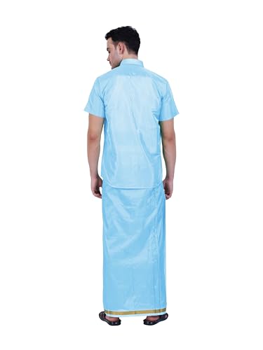 Image of PRAKASAM COTTON-Mens Art Silk Wedding Set /Art Silk 8 Mulam (8-Yard) Dhoti and Stitched Shirt for mens