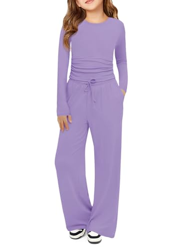 Haloumoning Girls 2 Piece Outfits Kids Ruched Long Sleeve Tops and Wide Leg Pants with Pockets Sweatsuit Clothing Sets