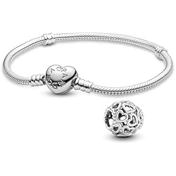 Pulseras Pandora Ya Hechas Pandora Moments 590719-18+790964 - Pulsera de serpiente con cierre de corazón y colgante de plata de ley (18 cm), diseño de corazón, 18cm, Plata, No es una piedra preciosa