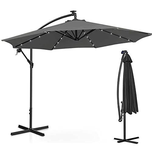 BAKAJI Ombrellone da Giardino Terrazzo con Luce 32 LED e Pannello Solare Dimensioni 3x3 Mt Richiudibile Palo Laterale Decentrato Acciaio Base Croce in Tessuto Anti UV (Grigio)