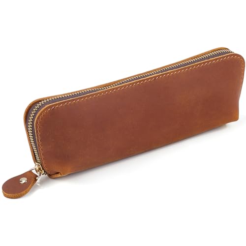 GORGECRAFT Large Capacity Crazy Horse Leather Pen Case Genuine Leather Pen Pencil Cases Big Pencil Pouch with Zipper Vintage Pen Organizer Stationery Bag for Men Women Artists Handmade Saddle Brown