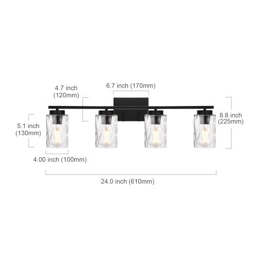 Image of 4 Light Bathroom Vanity Light Fixture Over Mirror, Black Bathroom Wall Sconce Lighting Fixtures Indoor with Clear Hammered Glass Wall Mount Lighting for Porch Kitchen Bedroom Bedside,Hallway