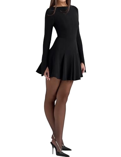 Azhong Women's Long Sleeve Boat Neck Bodycon Mini Dress Pleated Fit and Flare Simple Y2K Prom Dress3