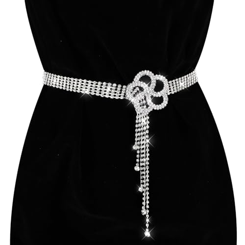 JIEYAO Large Rhinestone Waist Belt for Women, Silver Crystal Chain Belt Adjustable Sparkle Dressy Belts With Flower Buckle