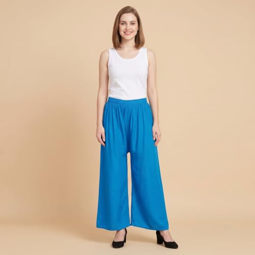 Image of FASHION GALLERY Women's Solid Rayon Palazzo Pants | Relaxed Fit Full Length Wide Leg Palazzo | Elastic Waist Comfortable Casual Lounge Office Ethnic Flared Trousers for Women