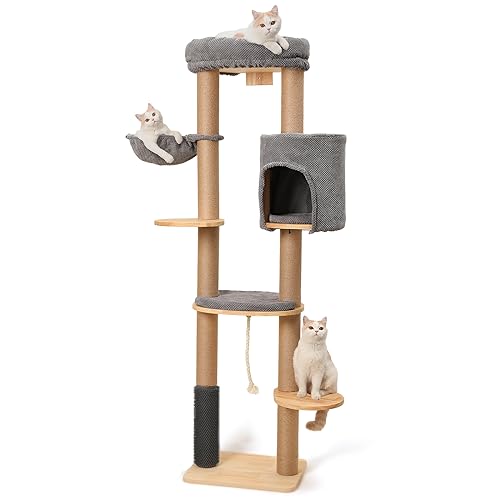 FUKUMARU Árbol rascador para Gatos Altura 188 cm, Montaje en Pared, con Cama para Gato, Poste rascador, tapete rascador de Yute, árbol para Gatos de Madera de Goma Natural sólida, Gris Oscuro