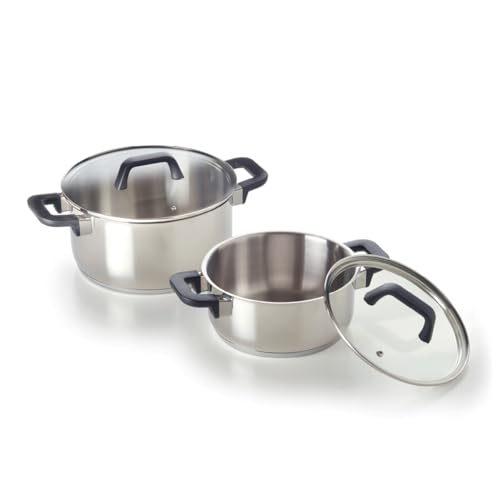 QULINART Juego de 2 cacerolas antiadherentes, antiarañazos, acero inoxidable sin PFOA, asas de baquelita y tapas de cristal, aptas para horno, lavavajillas y frigorífico, color plateado, diámetro 20