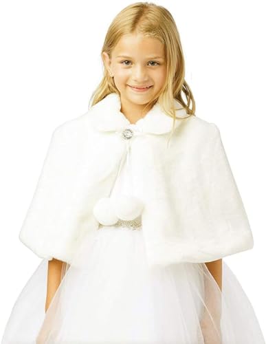 Big Girls Ivory Plush Fur Cape with Collar Flower Girl Bolero Jacket Shrug Coat Size L (11-12)