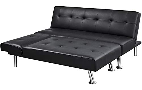 Topeakmart Sectional Sofa Couch Bed Convertible L-Shaped Faux Leather Couch Foldable Futon Sofa Sleeper With Reversible Chaise Lounge For Living Room Black #TOP3