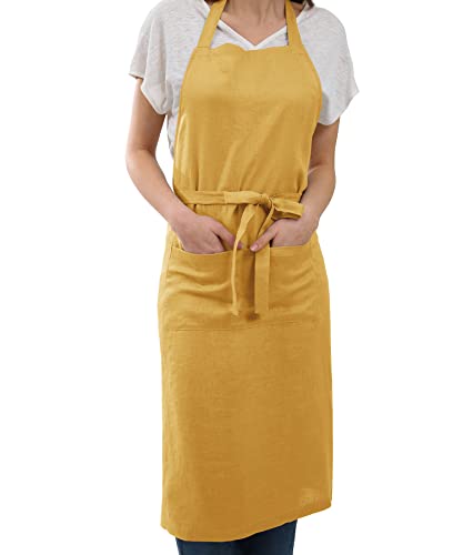 Amazhiyu Pure Linen Kitchen Apron With Pockets For Women Men Chef Cooking Bbq Crafting Yellow #TOP21
