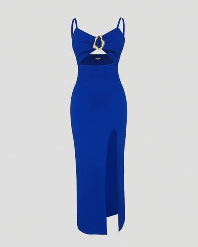 Ninimour Women High Slit Hollow-Out Evening Dress Metal Ring Decor V-Neck Adjustable Spaghetti Straps Bodycon Dresses-bl-S Blue