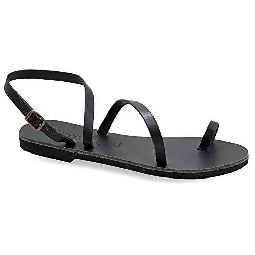 Emmanuela Ancient Greek Handmade Leather Flat Sandals, Quality Summer Shoes for Women with adjustable buckle strap, Toe Ring Strappy Sandals, Boho Chic Ankle Cuff Sandals