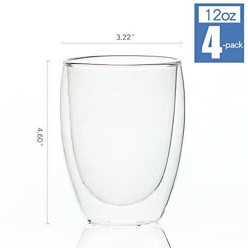 [4-Pack] Double-Wall Insulated Glass Coffee Mugs/Tea Cups, 12 Ounces, Double Walled Glasses Thermo Espresso