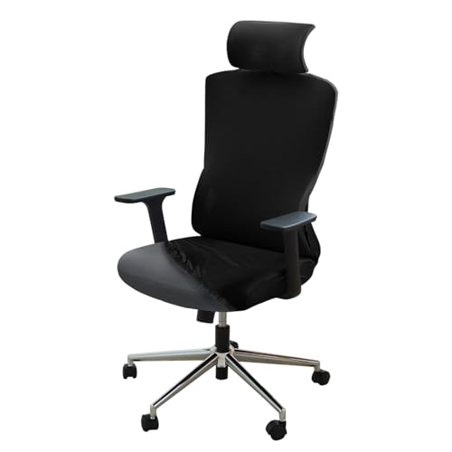 Image of HOKIPO 'SereneSolids' 140 GSM Office Chair Cover with Headrest (High-Back) - 140 GSM Stretch Fabric - Washable, Anti-Slip Fit for Ergonomic Mesh Office Chairs, Black (AR-5369-BLK)