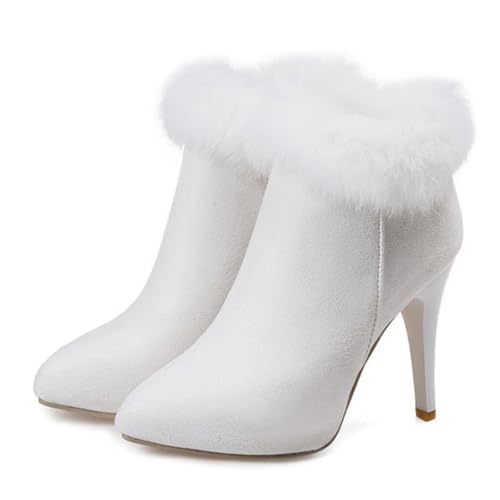 Women's Suede Pointed Toe Furry Stiletto Ankle Boots with Side Zipper Warm Fur Lined Winter High Heel Dress Booties for Daily Dating Party Wedding - Main Image