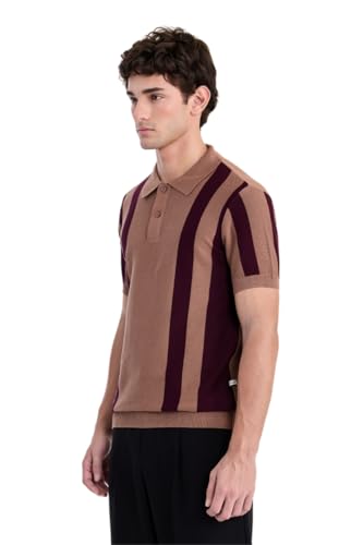 Image of SNITCH Luxe Men Polo T-Shirt | Modern Vertical Stripe Knitwear & Half Placket Design | Premium 100% Cotton Knitted Fabric & Breathable Regular Fit, Casual Holiday Wear
