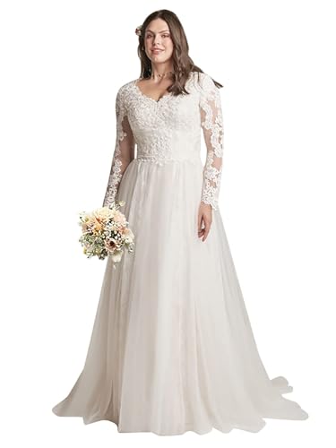 Women's Lace Beach Wedding Dresses for Bride 2025 V Neck Tulle Applique Bridal Gowns with Long Sleeve