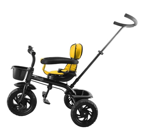 Image of JoyRide Learn-to-Ride Trike on 3 Wheels with Safety Harness, Non-Slip Pedal,Storage Basket and Removable Parent Handle (Yellow)