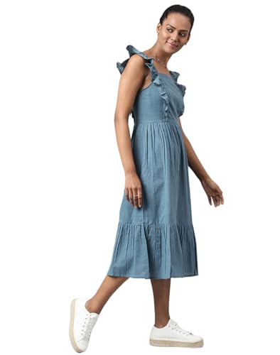 Image of Fabindia Women Back Tie Up Dress Cotton Teal