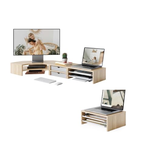 Image of Fenge 42.5Inch Corner Monitor Stand with Drawer, 3-Tier Monitor Riser with Slide-Out Tray