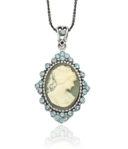 925 Sterling Silver Vintage Rhinestone Crystals Cameo Necklace 16 inch Chain