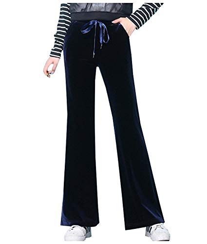 Kedera Women\'s Corduroy Velvet Pants Comfy Pull on Elastic Waist Trousers Drawstring Pants Dark Blue