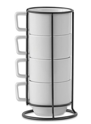 Stackable Coffee Cup Set - 4 Porcelain Coffee/Tea Mugs and Rack