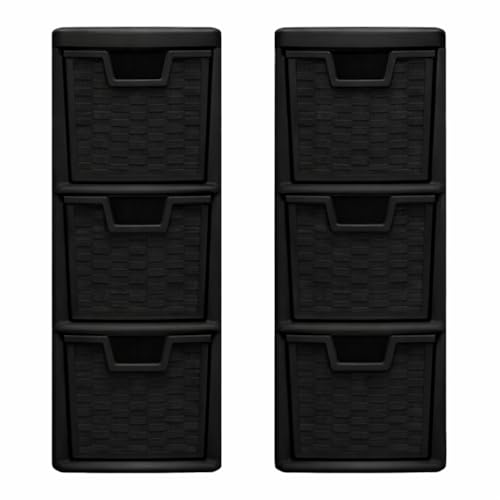 Set of 2 Small Plastic Rattan Effect 3 Drawer Storage Units – Desktop & Tabletop Organiser for Home Office, Bathroom & Bedroom – Compact Mini Storage Tower (Black)