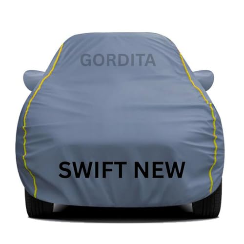 Image of Waterproof Car Body Cover for Swift 2024 All Weather Protection Comes with Inner Cotton Lining & Triple Stitched with Mirror & Antenna Pocket Belt & Elastic Fit Grey with Yellow Piping2