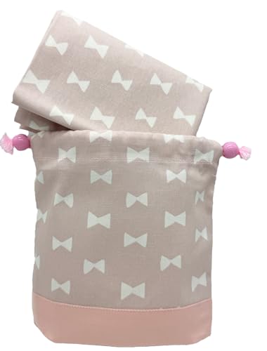 miwaki 給食袋 巾着袋 ランチョンマット コップ袋 マチあり 小学校 幼稚園 保育園 日本製 手作り お名前タグ付き くすみカラー リボン ピンク 2点