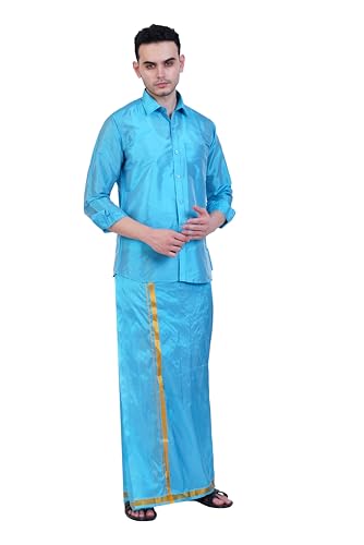 Image of PRAKASAM COTTON-Mens Art Silk Wedding Set /Art Silk 8 Mulam (8-Yard) Dhoti and Stitched Shirt for mens