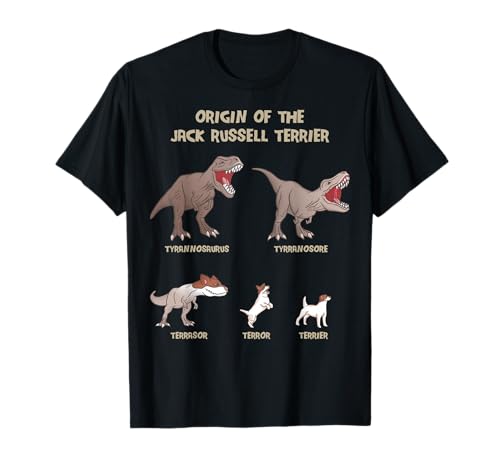 Origin of the Jack Russell Terrier Evolution History Meme Design shows the evolution of the Jack Russell beginning with a T-Rex Dinosaur Tyrannosaurus until todays cute little Terrier dog breed.