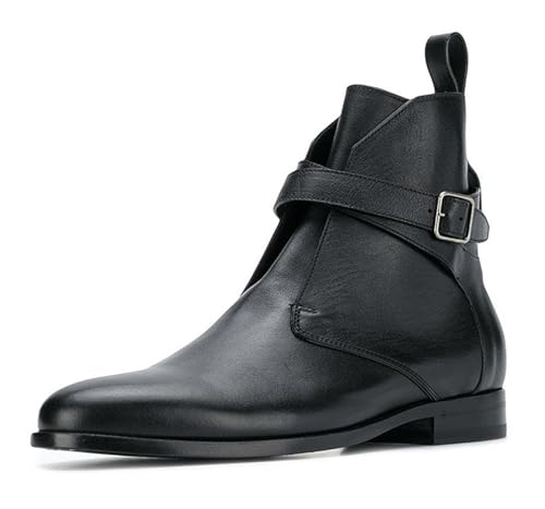 Santimon Men’s Black Jodhpur Ankle Chelsea Boots, Top-Grain Leather, Handmade Buckle Strap Dress Western Booties with Cushioned Insole for Business, Office, Wedding Black 11 US
